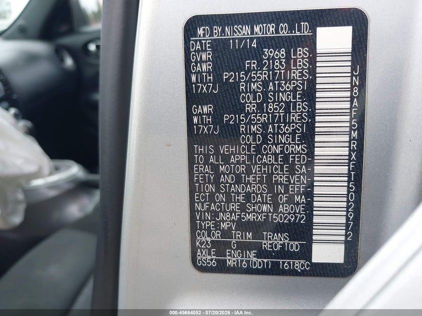 2015 Nissan Juke Sv VIN: JN8AF5MRXFT502972 Lot: 45664052