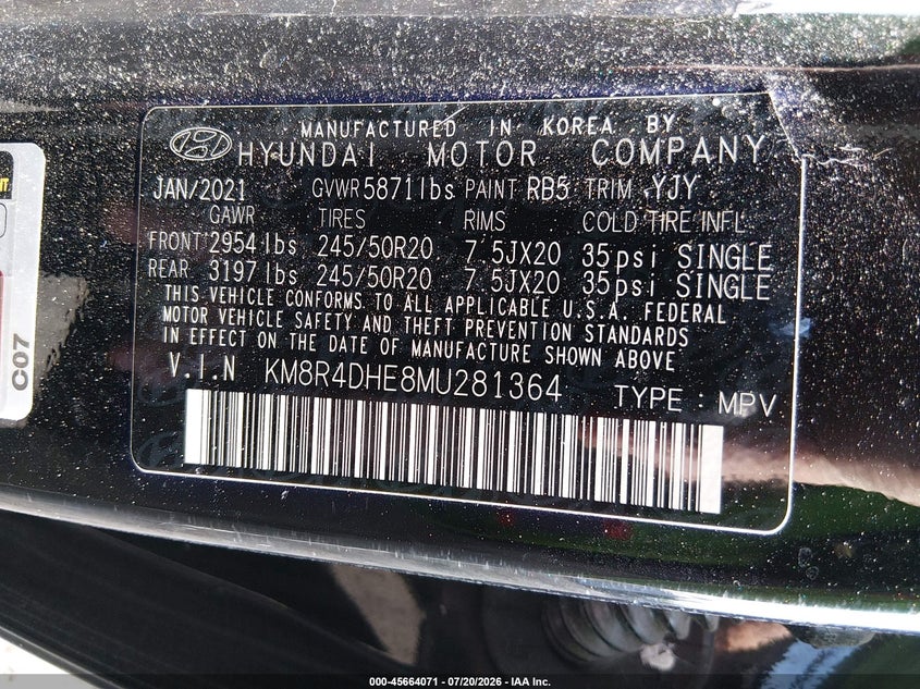 2021 Hyundai Palisade Sel VIN: KM8R4DHE8MU281364 Lot: 45664071