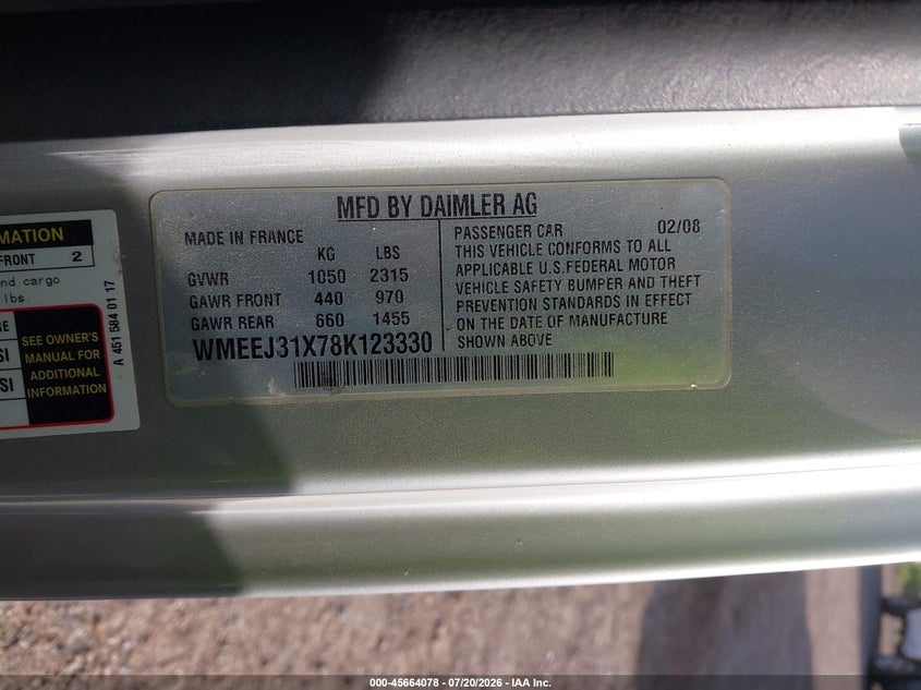 2008 Smart Fortwo Passion/Pure VIN: WMEEJ31X78K123330 Lot: 45664078