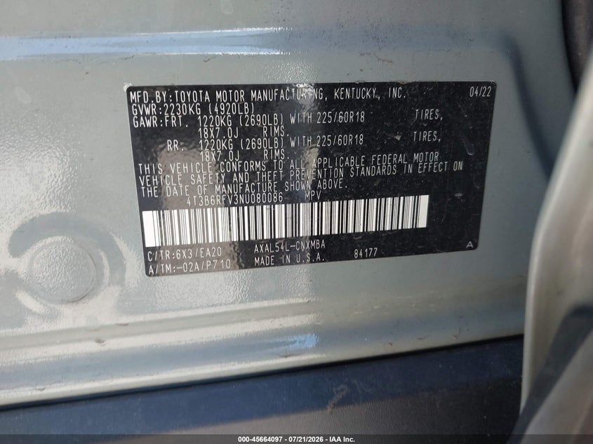 2022 Toyota Rav4 Hybrid Xle Premium VIN: 4T3B6RFV3NU080086 Lot: 45664097