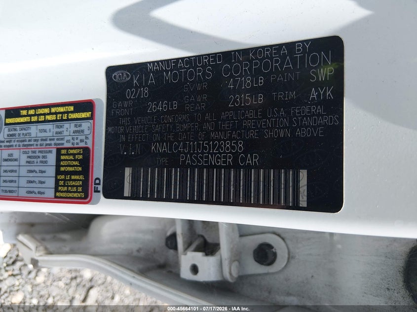 2018 Kia Cadenza Premium VIN: KNALC4J11J5123858 Lot: 45664101