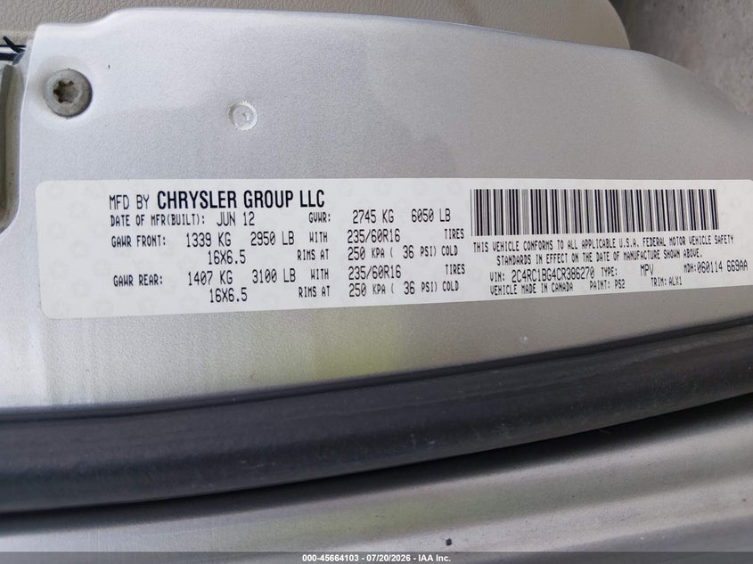 2012 Chrysler Town & Country Touring VIN: 2C4RC1BG4CR386270 Lot: 45664103