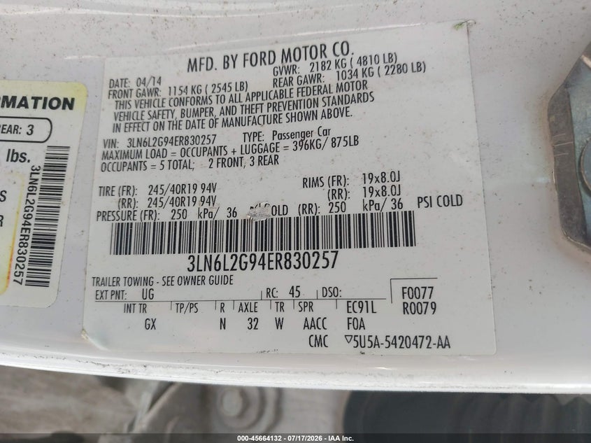 2014 Lincoln Mkz VIN: 3LN6L2G94ER830257 Lot: 45664132