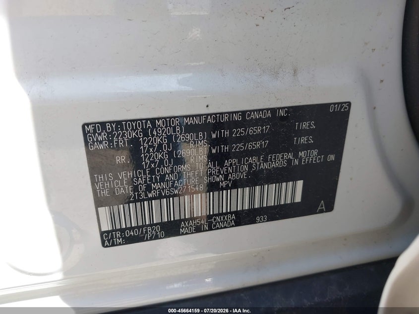 2025 Toyota Rav4 Hybrid Le VIN: 2T3LWRFV6SW271548 Lot: 45664159