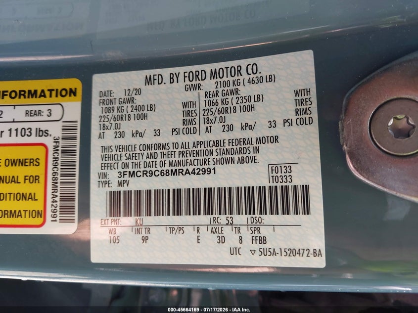2021 Ford Bronco Sport Outer Banks VIN: 3FMCR9C68MRA42991 Lot: 45664169