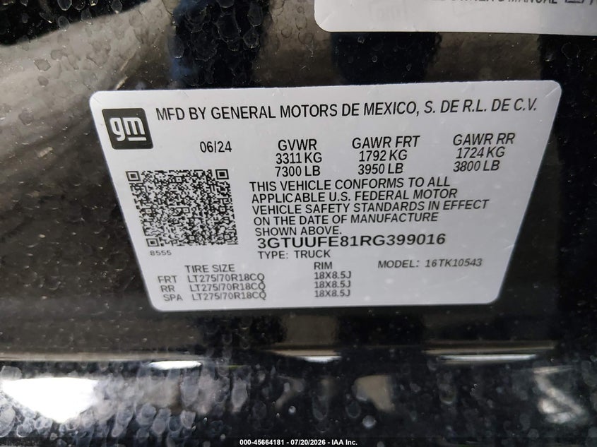 2024 GMC Sierra 1500 4Wd Short Box At4X VIN: 3GTUUFE81RG399016 Lot: 45664181