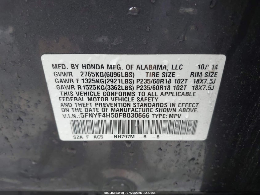 2015 Honda Pilot Ex-L VIN: 5FNYF4H50FB030666 Lot: 45664190