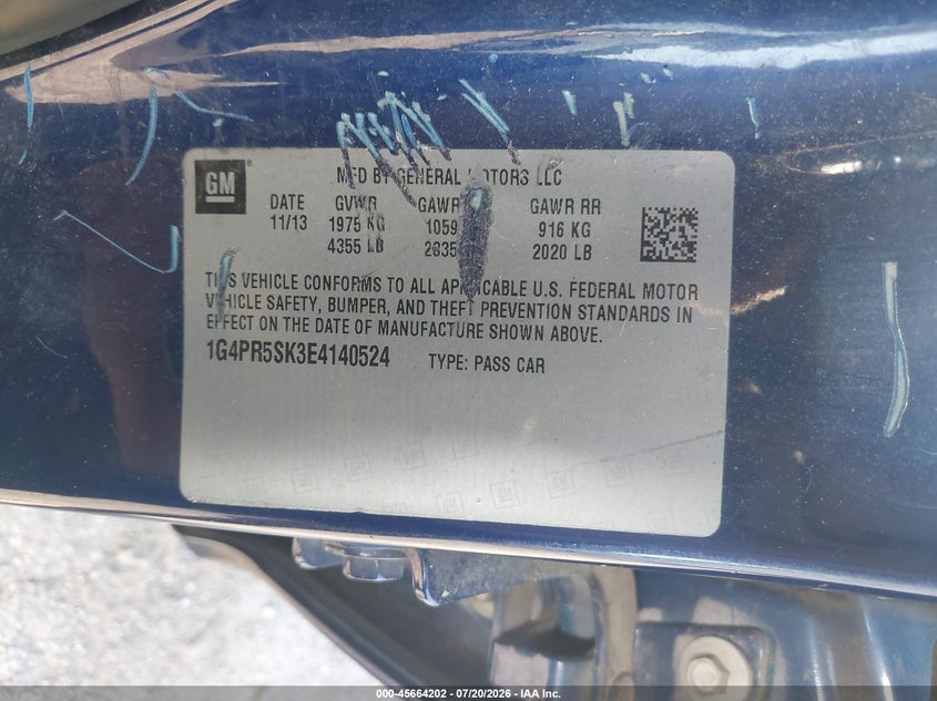 2014 Buick Verano Convenience Group VIN: 1G4PR5SK3E4140524 Lot: 45664202