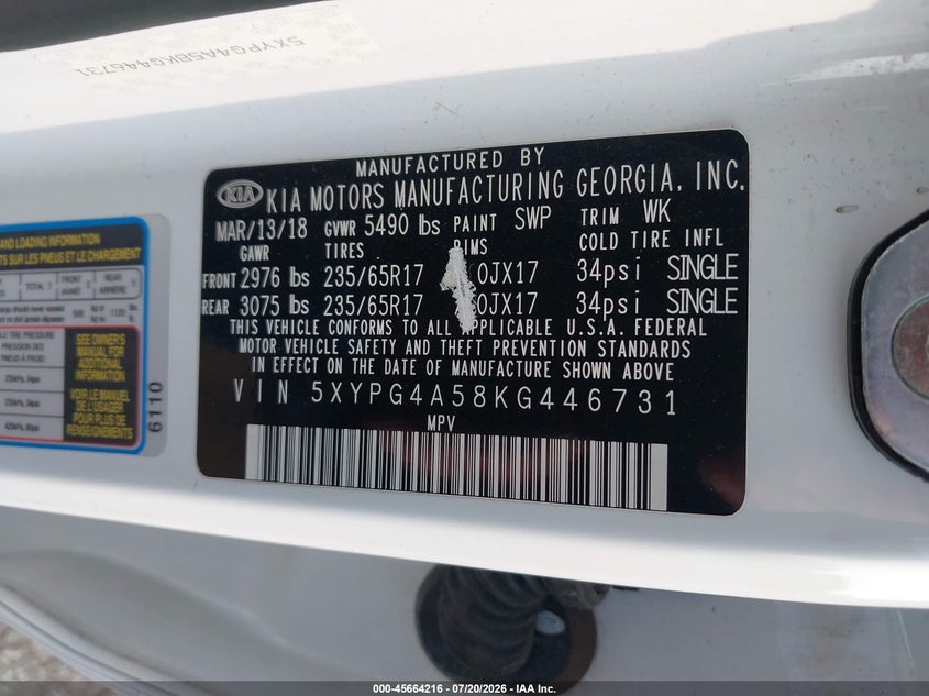 2019 Kia Sorento 3.3L Lx VIN: 5XYPG4A58KG446731 Lot: 45664216