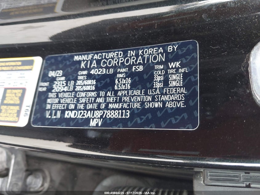 2023 Kia Soul Lx VIN: KNDJ23AU8P7888113 Lot: 45664225