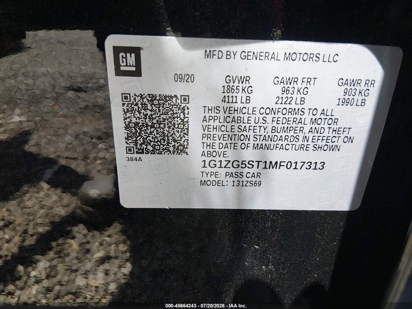 2021 Chevrolet Malibu Fwd Rs VIN: 1G1ZG5ST1MF017313 Lot: 45664243