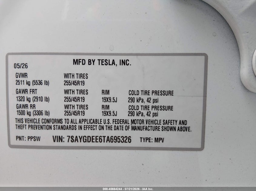 2026 Tesla Model Y All-Wheel Drive/Long Range Launch Series/Premium All-Wheel Drive VIN: 7SAYGDEE6TA695326 Lot: 45664244