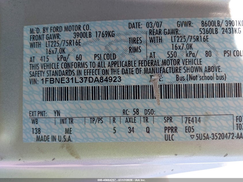 2007 Ford E-350 Super Duty Xl/Xlt VIN: 1FBNE31L37DA84923 Lot: 45664257