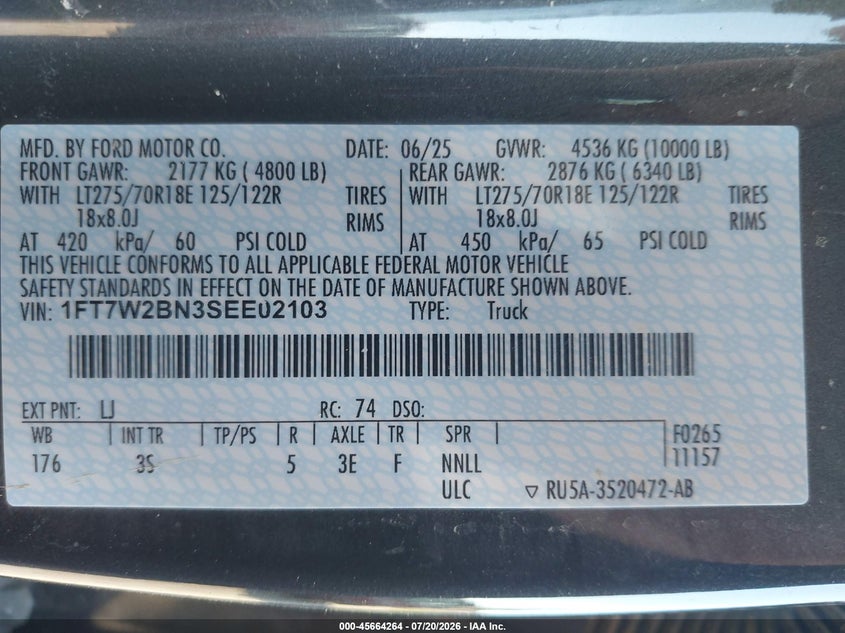 2025 Ford F-250 Xlt VIN: 1FT7W2BN3SEE02103 Lot: 45664264