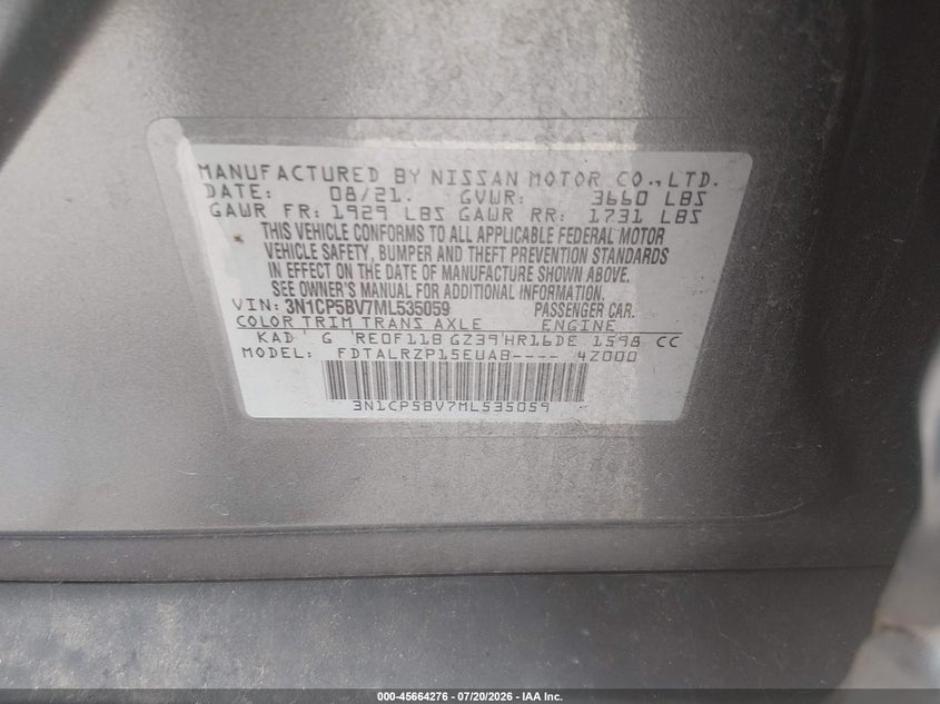 2021 Nissan Kicks S Xtronic Cvt VIN: 3N1CP5BV7ML535059 Lot: 45664276