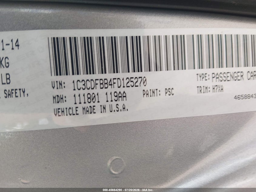2015 Dodge Dart Sxt VIN: 1C3CDFBB4FD125270 Lot: 45664290