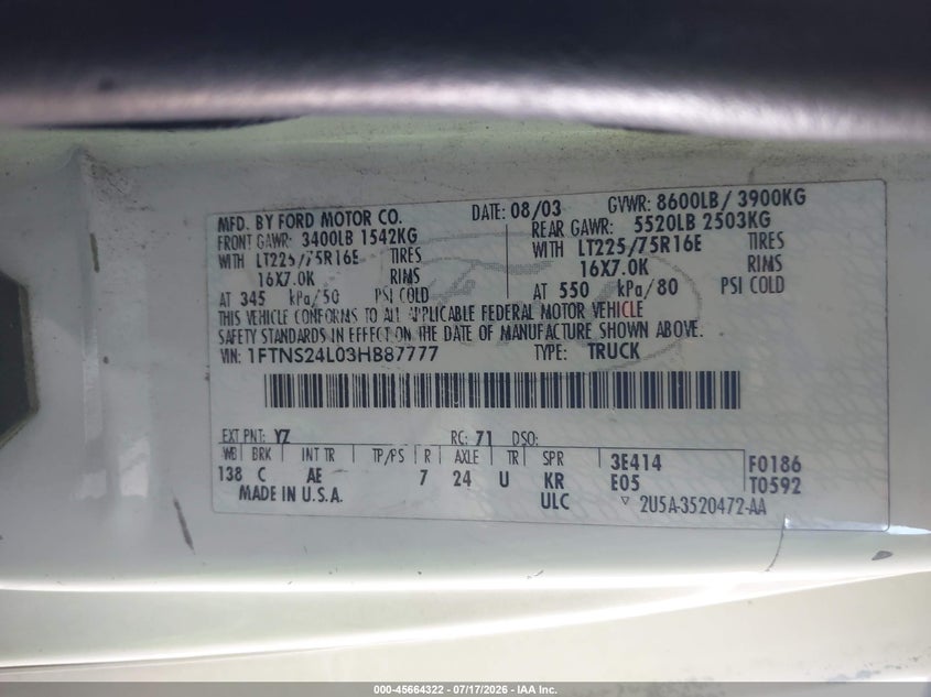 2003 Ford E-250 Commercial/Recreational VIN: 1FTNS24L03HB87777 Lot: 45664322