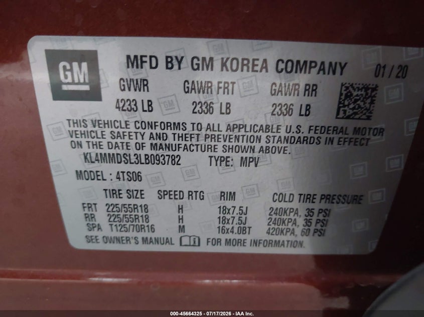 2020 Buick Encore Gx Fwd Select VIN: KL4MMDSL3LB093782 Lot: 45664325