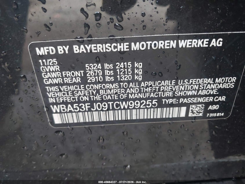 2026 BMW 530I xDrive VIN: WBA53FJ09TCW99255 Lot: 45664327