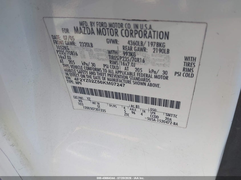 2006 Mazda Tribute I VIN: 4F2YZ02Z56KM07247 Lot: 45664344
