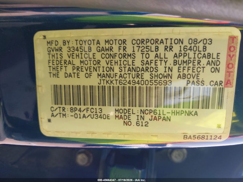 2004 Scion Xa VIN: JTKKT624940055693 Lot: 45664347