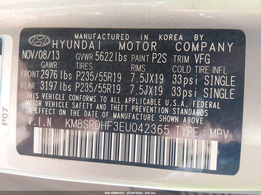 2014 Hyundai Santa Fe Limited VIN: KM8SRDHF3EU042365 Lot: 45664351