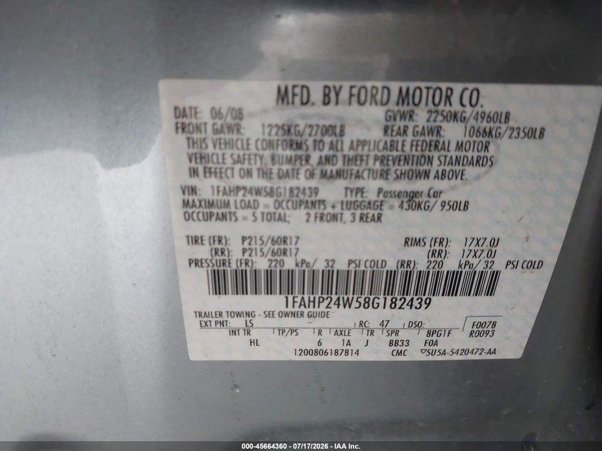 2008 Ford Taurus Sel VIN: 1FAHP24W58G182439 Lot: 45664360