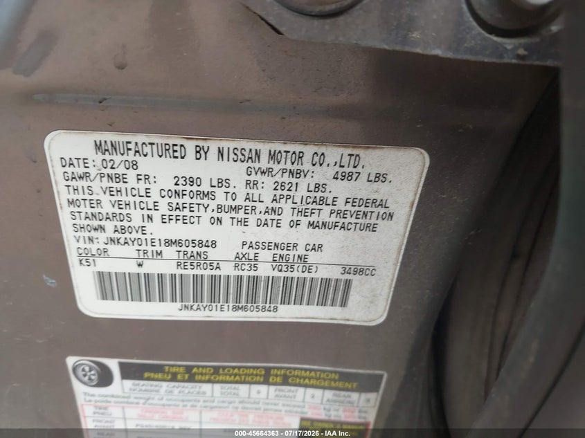 2008 Infiniti M35 VIN: JNKAY01E18M605848 Lot: 45664363
