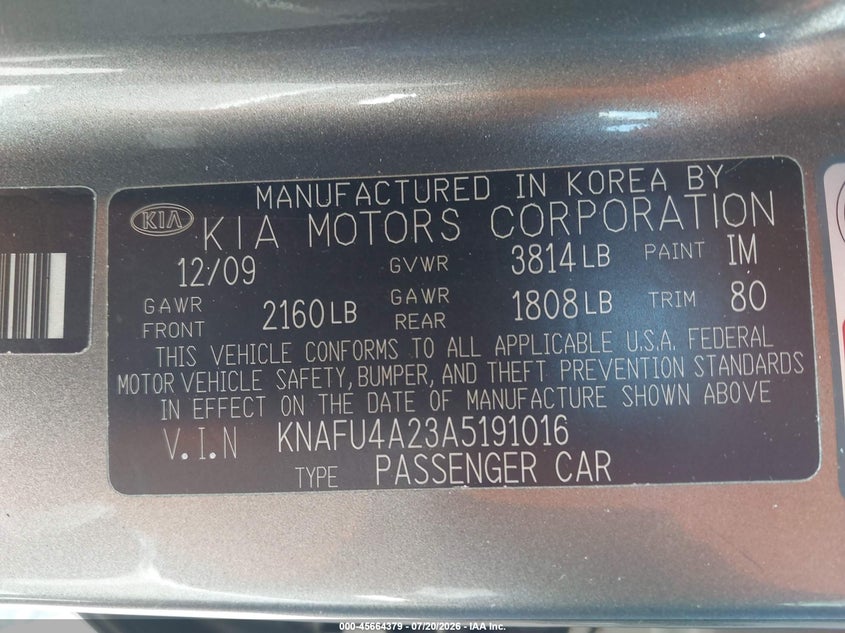 2010 Kia Forte Ex VIN: KNAFU4A23A5191016 Lot: 45664379