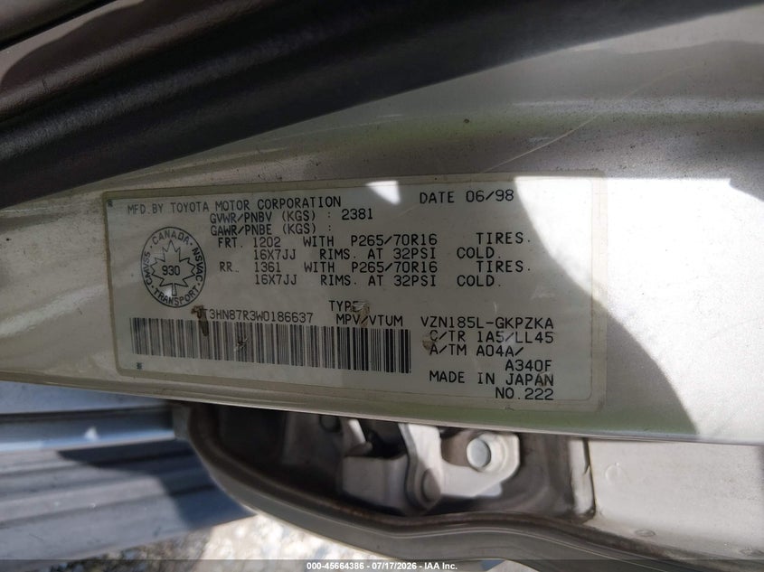 1998 Toyota 4Runner Limited VIN: JT3HN87R3W0186637 Lot: 45664386