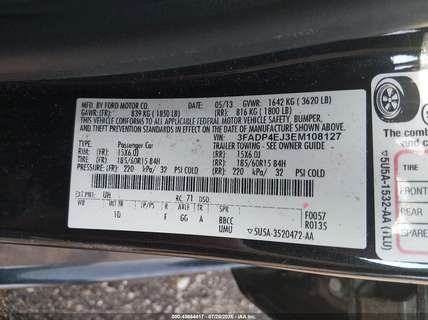 2014 Ford Fiesta Se VIN: 3FADP4EJ3EM108127 Lot: 45664417
