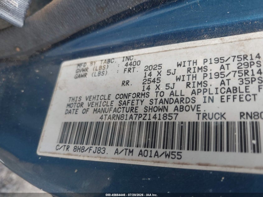 1993 Toyota Pickup 1/2 Ton Short Whlbase Stb VIN: 4TARN81A7PZ141857 Lot: 45664446