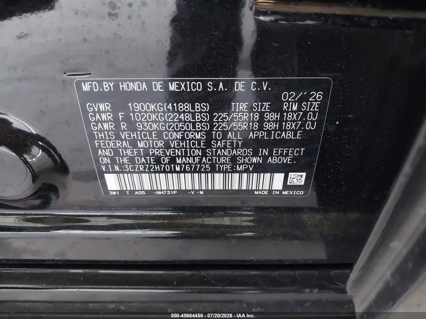 2026 Honda Hr-V Awd Ex-L VIN: 3CZRZ2H70TM767725 Lot: 45664456