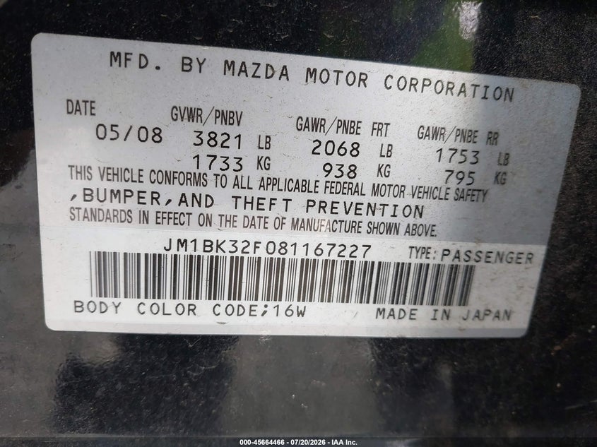 2008 Mazda Mazda3 I Touring Value VIN: JM1BK32F081167227 Lot: 45664466