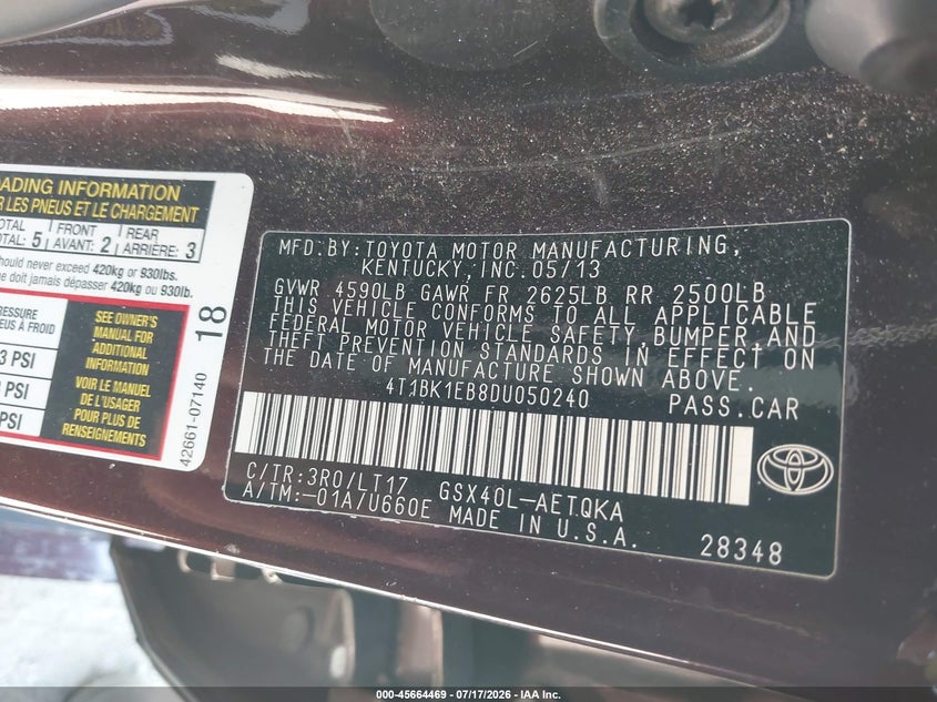 2013 Toyota Avalon Xle Touring VIN: 4T1BK1EB8DU050240 Lot: 45664469
