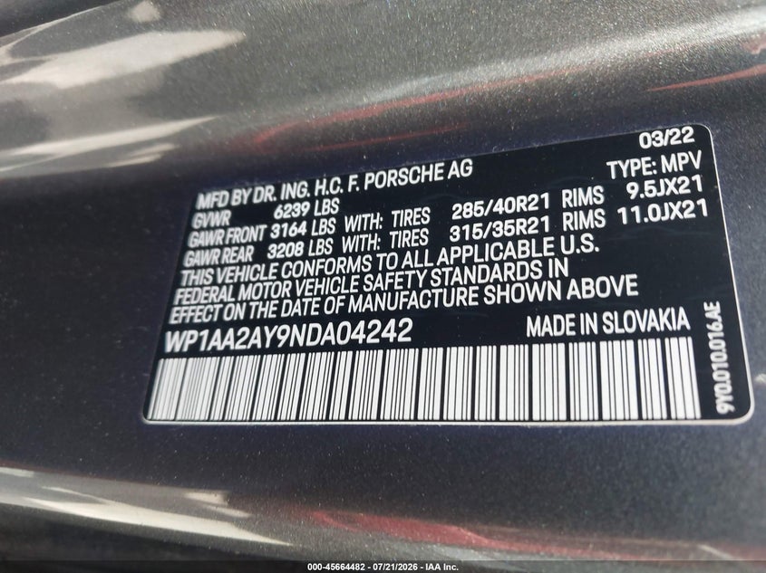 PORSCHE CAYENNE 2022 VIN WP1AA2AY9NDA04242