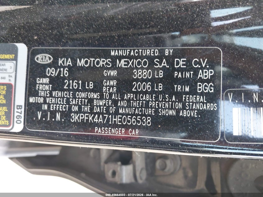2017 Kia Forte Lx VIN: 3KPFK4A71HE056538 Lot: 45664503