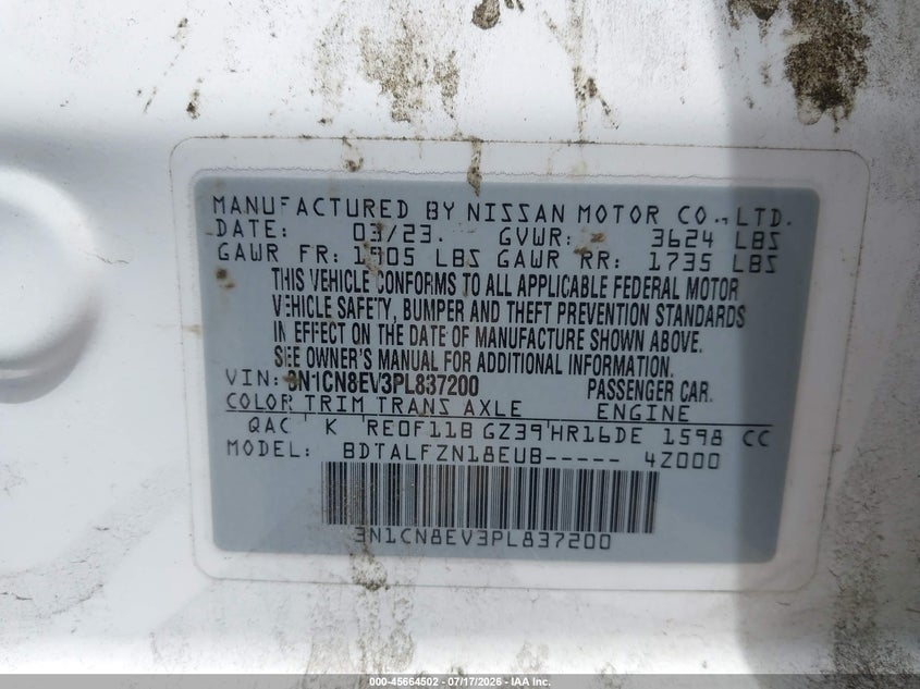 2023 Nissan Versa 1.6 Sv Xtronic Cvt VIN: 3N1CN8EV3PL837200 Lot: 45664502
