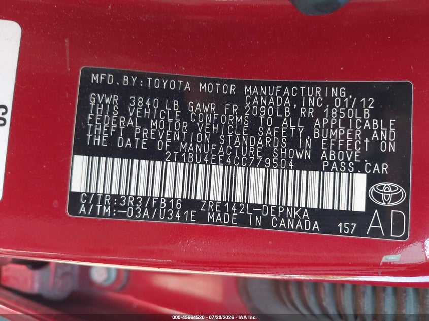 2012 Toyota Corolla L/Le/S VIN: 2T1BU4EE4CT779504 Lot: 45664520