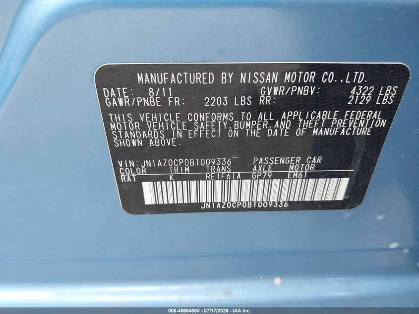 2011 Nissan Leaf Sl VIN: JN1AZ0CP0BT009336 Lot: 45664563