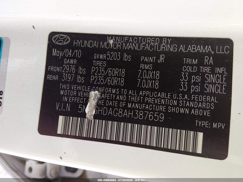 2010 Hyundai Santa Fe Se VIN: 5NMSHDAG8AH387659 Lot: 45664564