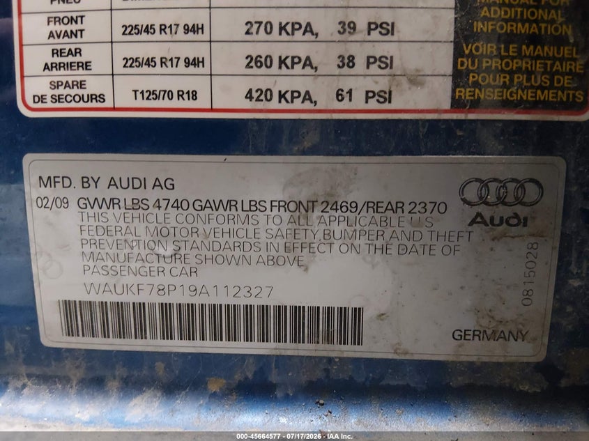 2009 Audi A3 2.0T VIN: WAUKF78P19A112327 Lot: 45664577