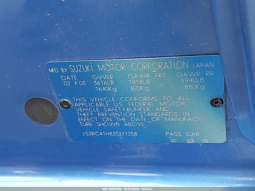 2003 SUZUKI AERIO SX HATCHBACK 2.0L I-4 DOHC, 145HP
