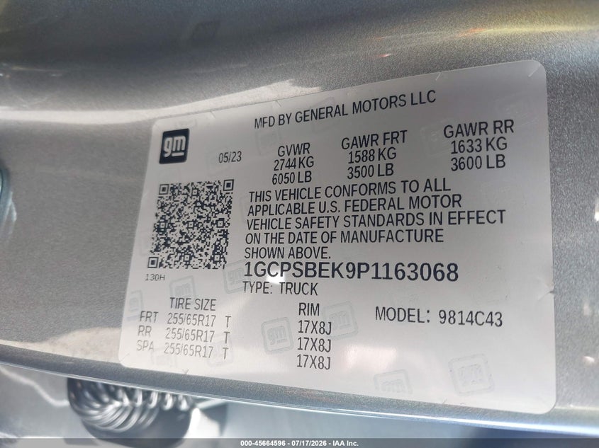 2023 Chevrolet Colorado 2Wd Short Box Wt VIN: 1GCPSBEK9P1163068 Lot: 45664596