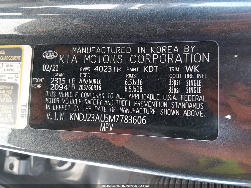 2021 Kia Soul S VIN: KNDJ23AU5M7783606 Lot: 45664615
