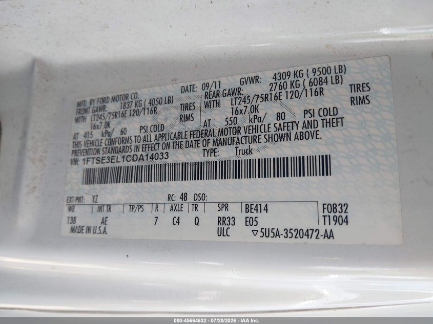 2012 Ford E-350 Super Duty Commercial VIN: 1FTSE3EL1CDA14033 Lot: 45664632