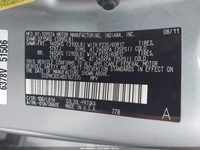2011 Toyota Sienna Xle V6 VIN: 5TDYK3DC4BS167335 Lot: 45664642