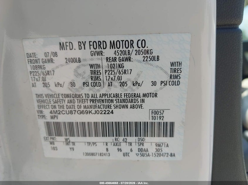 2009 Mercury Mariner Premier V6 VIN: 4M2CU87G69KJ02224 Lot: 45664668