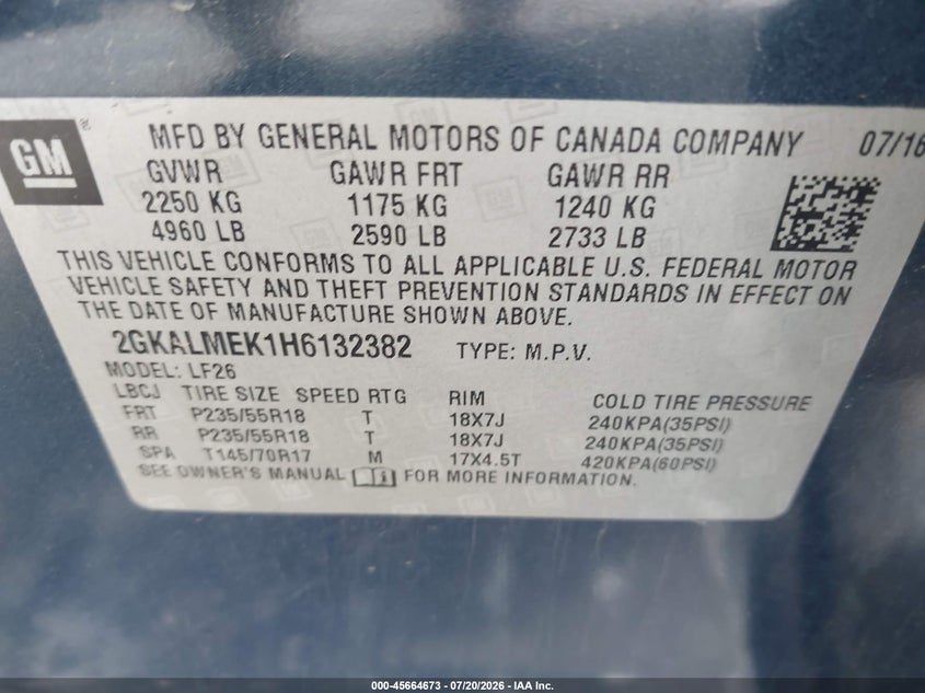 2017 GMC Terrain Sle-1 VIN: 2GKALMEK1H6132382 Lot: 45664673