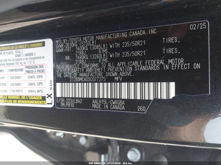 2025 Lexus Rx 350H Premium Plus VIN: 2T2BBMCA0SC077275 Lot: 45664739